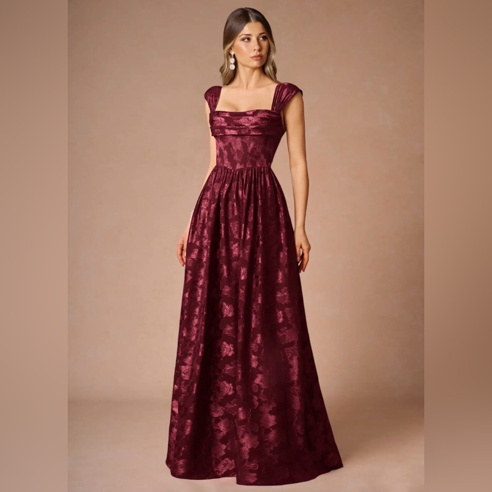 Azazie Burgundy Jacquard Cap-Sleeve Maxi Gown